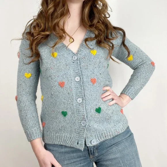Vintage Hand Knit Embroidered Hearts Cardigan Sweater Cute Cozy Girly Handmade - Picture 1 of 8